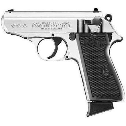 Walther PPK/S Semi-Automatic Pistol 22 LR 3.35" Barrel 10 Rounds Fixed Sights Nickel Plated Finish Black Grips - Buy A Gun