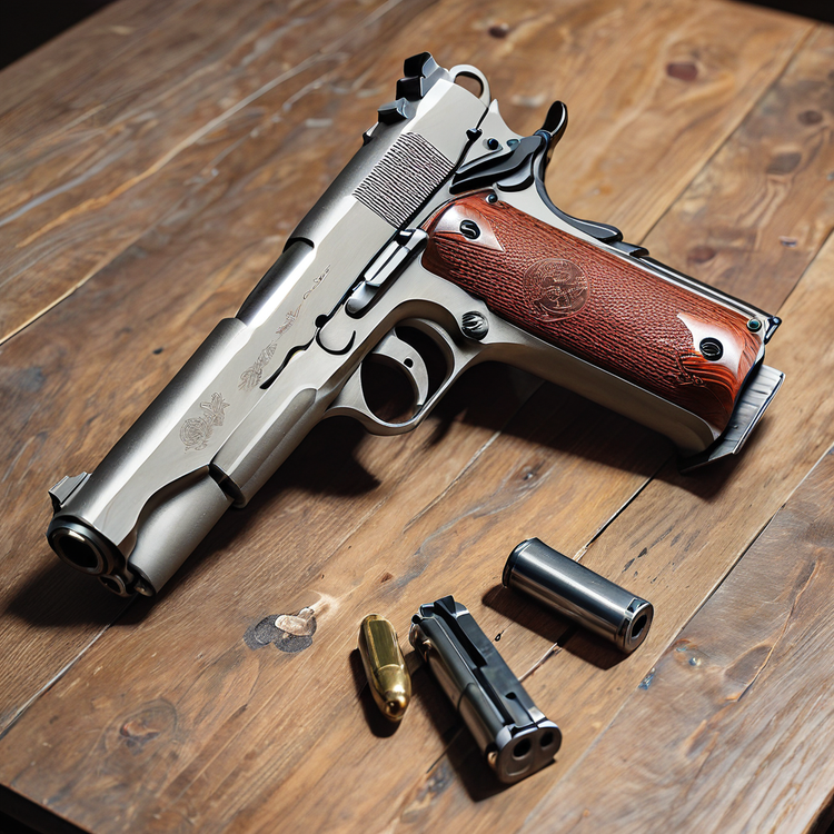 This is a high-quality photograph of a semi-automatic pistol with a stainless steel or nickel-plated finish, placed on a wooden surface. The firearm has wooden grips with an engraved emblem, giving it a classic and elegant appearance. Nearby, there is a magazine and a single round of ammunition. The pistol appears to be a 1911-style handgun, a design known for its reliability and historical significance. Let me know if you need more details!