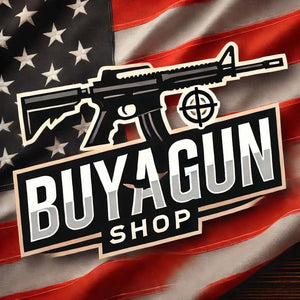 The image features a logo forBUY A GUN SHOP" overlaid on an American flag background. The logo includes a stylized depiction of a firearm with a targeting reticle incorporated into the design. The bold typography and imagery suggest that this is a branding element for a gun shop or firearms-related business. Let me know if you need any further details!