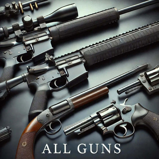 The image shows an assortment of firearms, including rifles and revolvers, arranged on a dark surface. The textALL GUNS