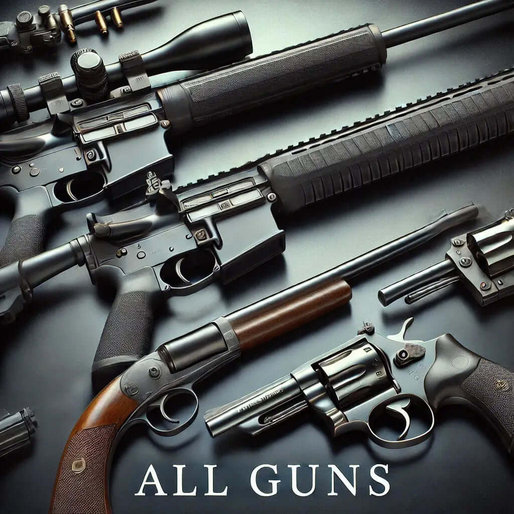 The image shows an assortment of firearms, including rifles and revolvers, arranged on a dark surface. The textALL GUNS" is prominently displayed at the bottom of the image. The firearms appear to be well-maintained, with various designs and materials, including wood and metal. The composition emphasizes the details of the weapons, such as triggers, barrels, and grips. Let me know if you need any specific information!