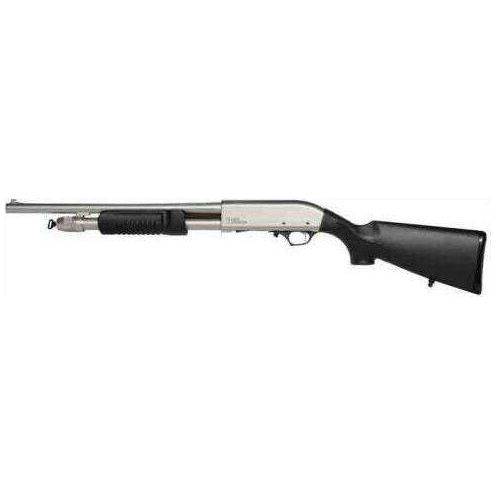 Iver Johnson Arms 12 Gauge Shotgun with 3-inch chamber, 18-inch barrel, satin nickel finish, and synthetic black stock. Ideal for collectors and enthusiasts.