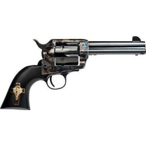 Cimarron Holy Smoker Single Action Revolver 45 Colt 4.75" Barrel 6 Rounds Fixed Sights Color Case Hardened Frame Checkered Walnut Gold Cross Inlay Blued Finish - Buy A Gun