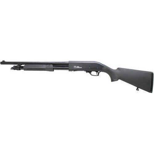 Iver Johnson PAS Pump Action Shotgun 20 Gauge with 18.5-inch barrel, 3-inch chamber, and 5-round capacity. Features a black synthetic stock and aluminum alloy construction.