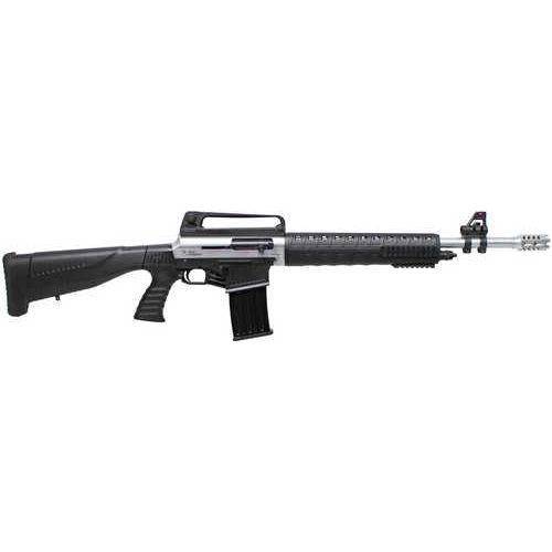 Iver Johnson Arms Stryker Semi-Automatic Shotgun 12 Gauge with a 20-inch barrel, 3-inch chamber, and 5-round capacity in a nickel finish. Features a tactical design with a black synthetic stock and a carry handle.