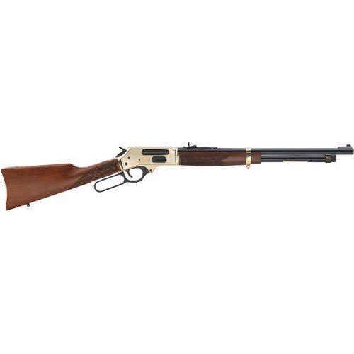 HENRY Side Gate Lever Action .410 Shotgun with a 19.8-inch blued barrel, brass receiver, and walnut stock. Features a 5-round capacity for collectors and enthusiasts.