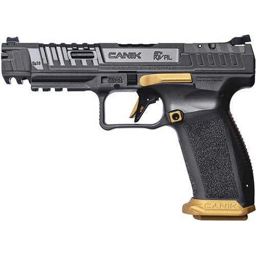 Century Canik SFx Rival Semi-Auto Pistol 9mm Luger 5" Barrel (2)-18Rd Full Size Magazines Fiber Optic Front & Adjustable Rear Sights Grey/Gold Finish - Buy A Gun