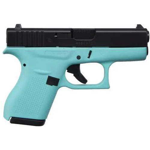 Glock G42 Striker Fired Semi-Auto Pistol .380 Auto 3.26" Carbon Steel Barrel (2)-6Rd Single Stack Magazines White Dot Front & Outline Rear Sights Elite Black Slide Robins Egg Blue Cerakote Finish - Buy A Gun