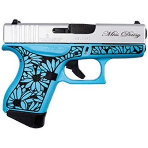 Glock G43 Striker Fired Semi-Automatic Pistol 9mm Luger 3.39" Carbon Steel Barrel (2)-6Rd Magazines White Dot Front Outline Rear Sights Black Daisy Engraving On Frame Raspberry Blue Cerakote Finish - Buy A Gun