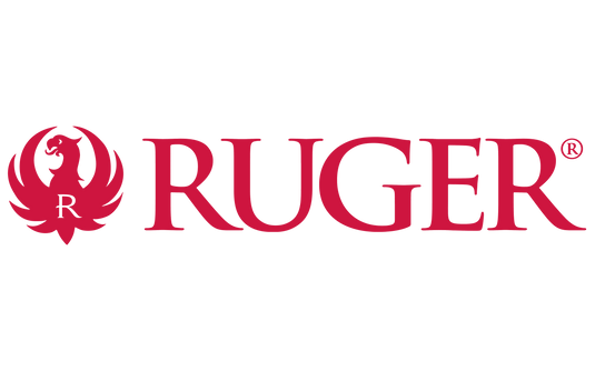 The image shows the logo of **Ruger**, a well-known American firearms manufacturer. The logo consists of the brand nameRUGER" in bold red capital letters, accompanied by a red phoenix-like emblem with an "R" inside it. 

Sturm, Ruger & Co., commonly known as Ruger, is a leading manufacturer of firearms, including rifles, pistols, and revolvers. The company is recognized for producing reliable and affordable firearms for civilian, law enforcement, and military use.