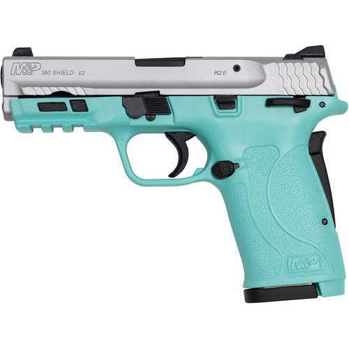 Smith & Wesson Compact Slim M&P380 Shield EZ380 Semi-Auto Pistol 380ACP 3.675" Barrel 2-8Rd Mag Robbin Egg Blue Cerakote/Silver Polymer Finish - Buy A Gun