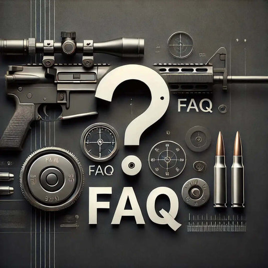 This image features a visually striking composition that includes firearm-related elements such as a rifle, bullets, a scope, and dials, arranged alongside large text that readsFAQ