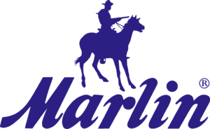 The image shows the logo of **Marlin Firearms**, a well-known American manufacturer of firearms. The logo features a silhouette of a cowboy riding a horse above the stylized textMarlin®." 

Marlin Firearms is famous for producing lever-action, bolt-action, and semi-automatic rifles. The company has a long history dating back to the 19th century and has been a popular choice among hunters and shooting enthusiasts.